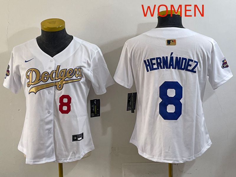 Women Los Angeles Dodgers #8 Hernandez White Champion edition Nike MLB Jersey style 003->women mlb jersey->Women Jersey